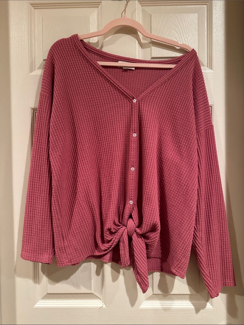 LOFT Dusty Rose Waffle-Knit Button Front Tie Top